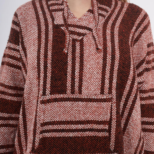 Y2K Baja Hoodie Brown Tan Striped Woven Pullover Kangaroo Pocket Medium M