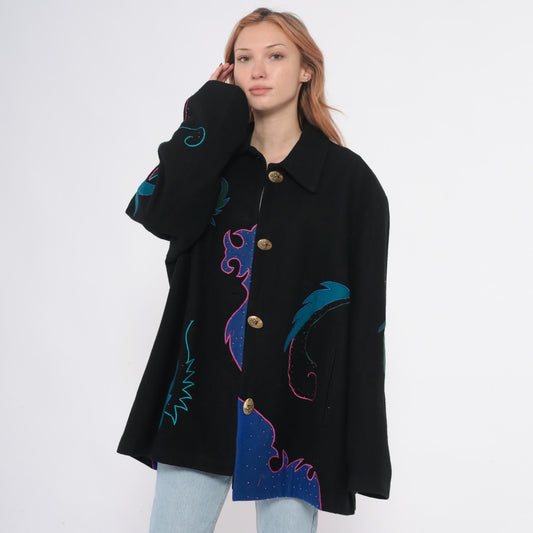 90s Black Wool Blazer Beaded Embroidered Teal Pink Gold Statement Jacket Extra Large