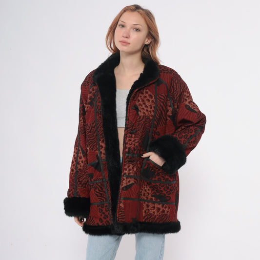 70s Burgundy Patchwork Coat Animal Print Faux Fur Collar Large L