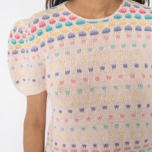 80s Deans of Scotland Puff Sleeve Knit Top Cream Polka Dot Small