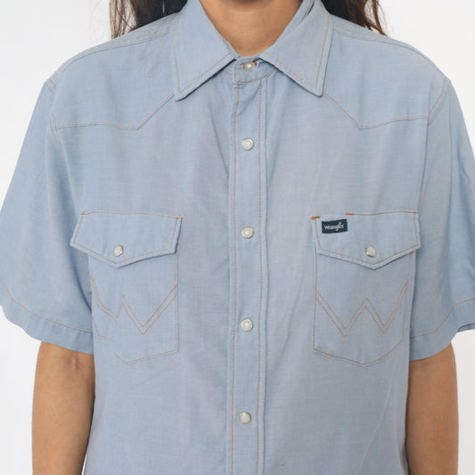80s Wrangler Western Shirt Pearl Snap Light Blue Chambray Large