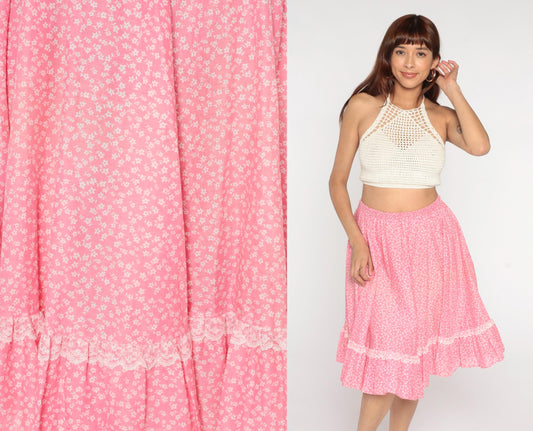 80s Pink Floral Tiered Midi Skirt White Lace Trim Gathered Medium