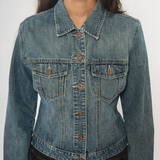 Y2K Gap Light Wash Denim Jacket Princess Seam Fitted Cropped Medium M