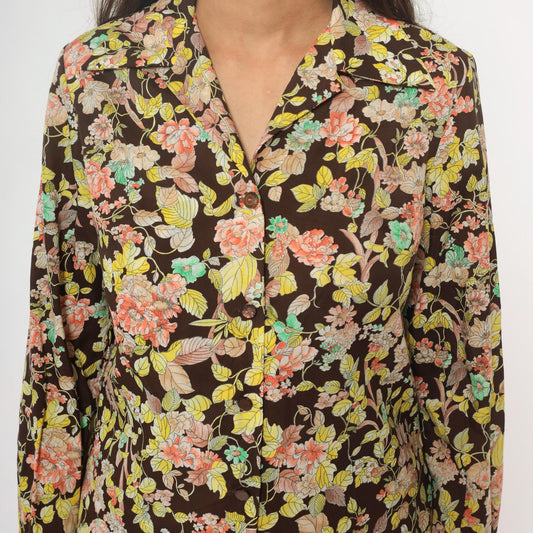70s Pykettes Floral Blouse Brown Psychedelic Print Collared Long Sleeve Medium