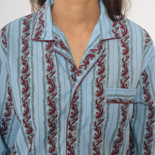 90s Paisley Stripe Pajama Shirt Light Blue Burgundy Cotton Notched Collar Large