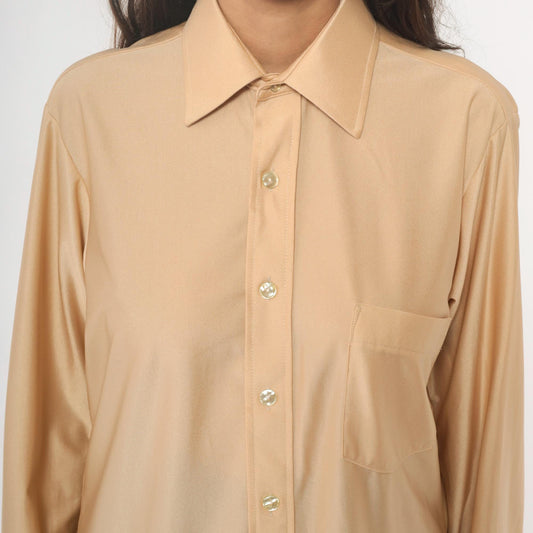70s Arrow Kent Cream Nylon Button-Up Blouse Pointed Collar Long Sleeve Large