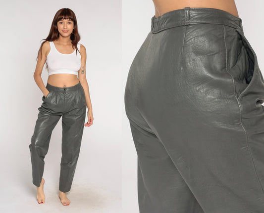 80s Grey Leather Pants High Waist Pleated Front Tapered Leg Medium