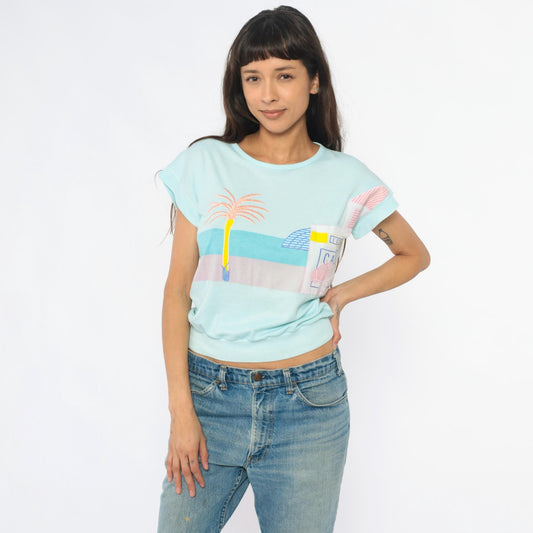 80s Beach Cafe Graphic Sweatshirt Mint Blue Cropped Pocket Medium