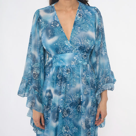 70s Blue Floral Angel Sleeve Maxi Dress Wrap Bodice Small Medium