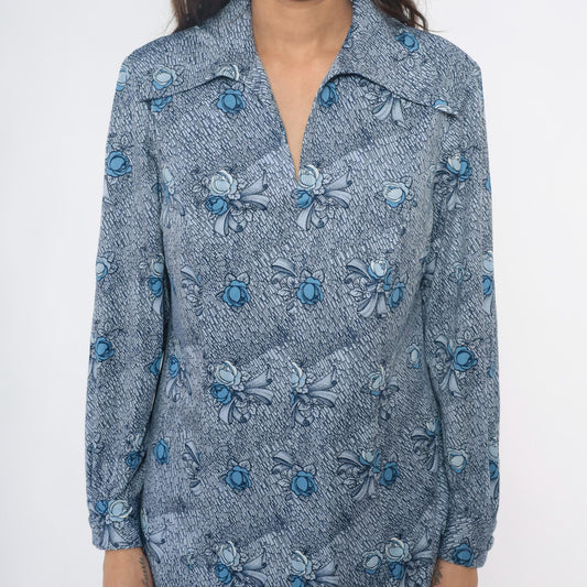 70s Blue-Gray Floral Bow Shirt Dress Pointed Collar Knee-Length Large