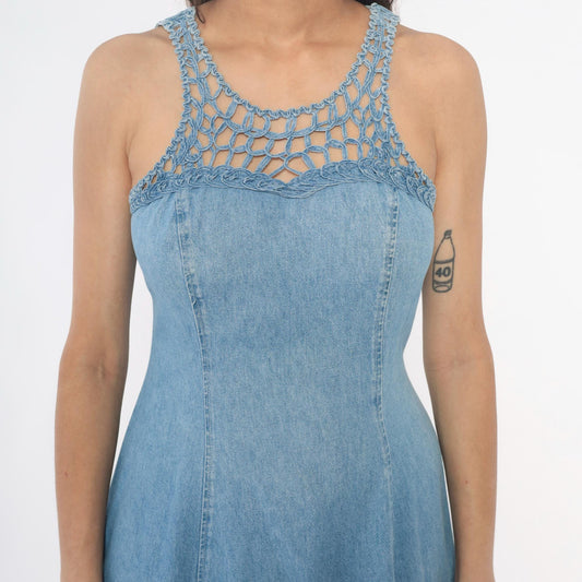 90s Jody California Denim Maxi Dress Light Blue Crochet Lace-Up Racerback Small