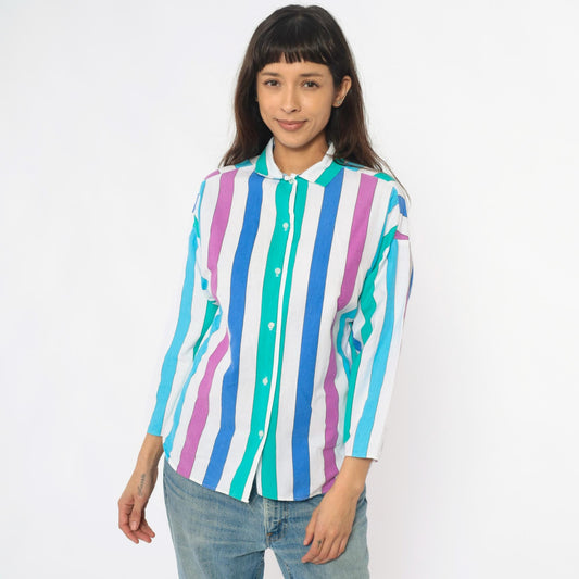 80s Avon Fashions Striped Cotton Blouse Vertical Stripes Purple Blue Small S