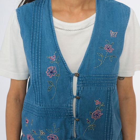 90s Blue Denim Vest Embroidered Floral Button Front Pintuck Small S