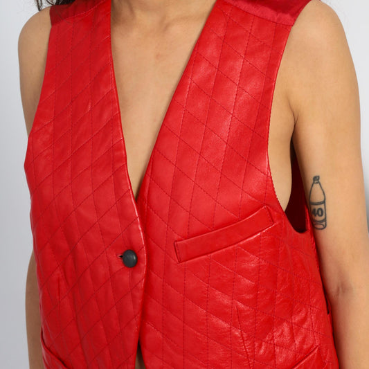90s Red Leather Quilted Diamond Vest Adjustable Medium M