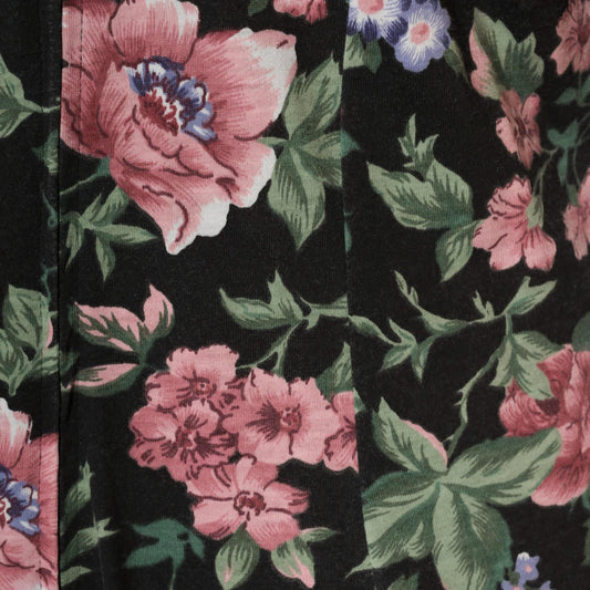 90s Floral Knee-Length Dress Black Pink Roses Blue Flowers Large L