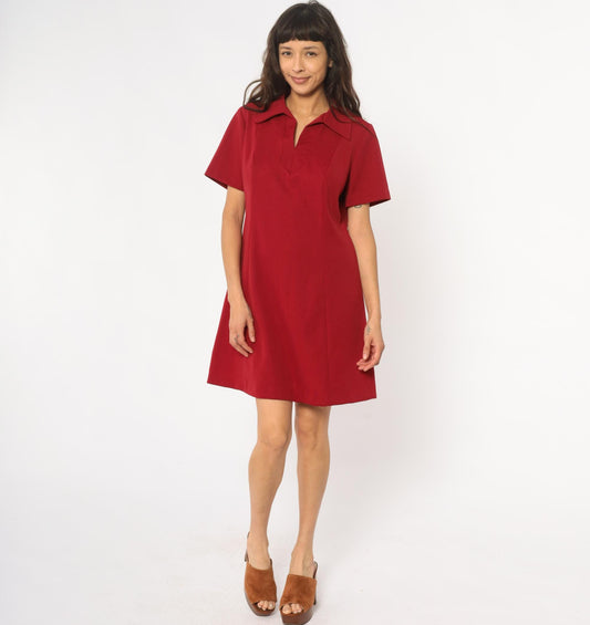 70s Lorac Burgundy Polo Shift Dress Knee-Length Short Sleeve Large L
