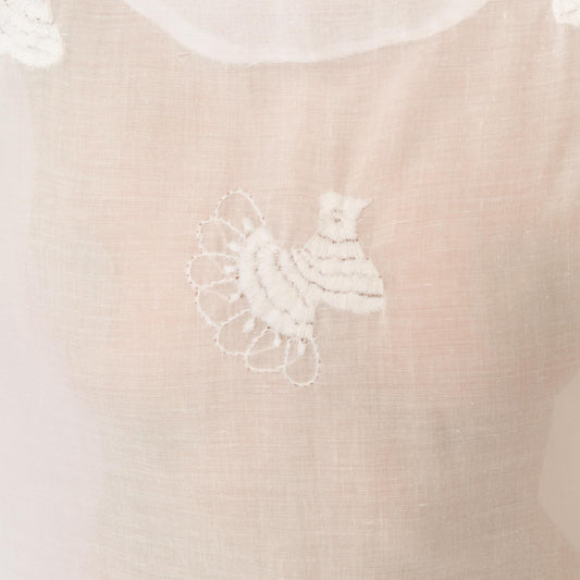 80s White Embroidered Bird Tunic Sheer Cotton Peter Pan Collar Kimono Sleeve Small Medium