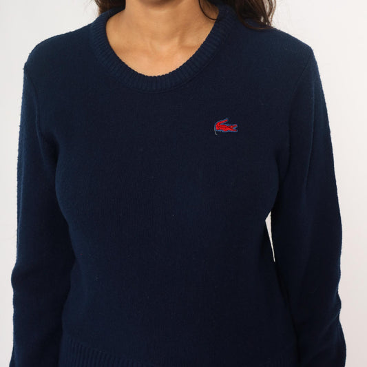 Izod Lacoste Navy Crew Neck Sweater 80s Crocodile Logo Pullover Small