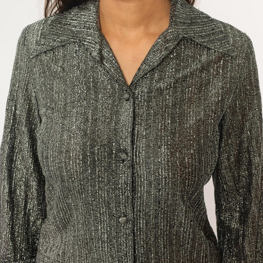 80s Ruth Walter Metallic Silver Blouse Pointed Collar Long Sleeve Small