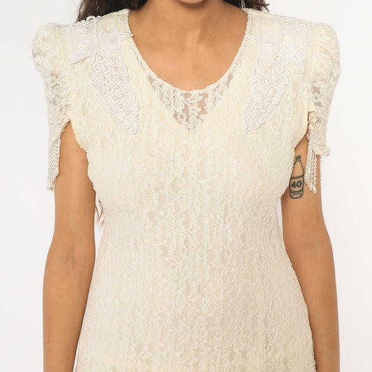 80s Cream Lace Puff Sleeve Dress Beaded Grape Detail Maxi Large L