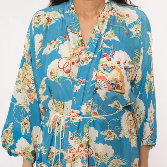 80s Japanese Fan Kimono Robe Blue Floral Maxi Cotton Wrap Large L