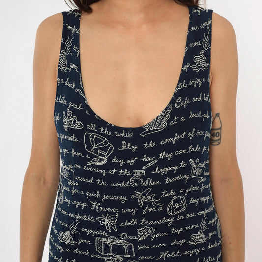 90s Navy Tank Dress Travel Print White Graphic Shift Large L
