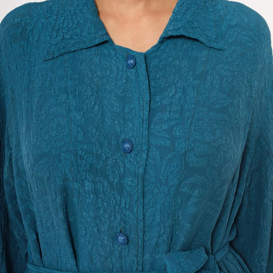Y2K Teal Jacquard Floral Duster Robe Tie Belt Collared Long Sleeve Large