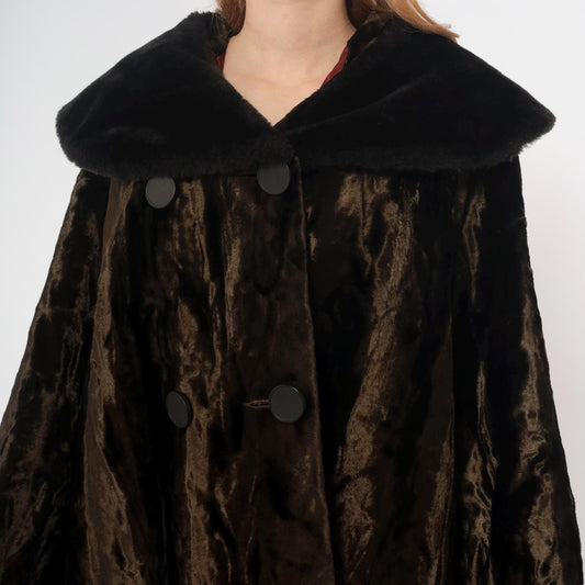 70s Brown Crushed Velvet Coat Black Faux Fur Collar Button Front Extra Large XXL