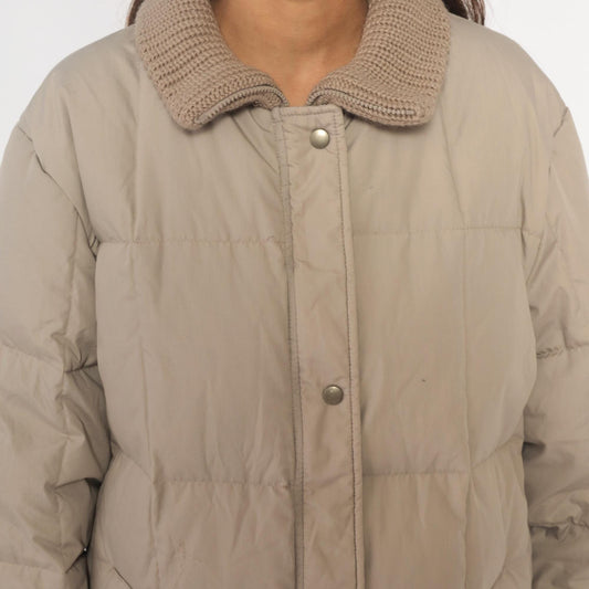 80s Beige Quilted Puffer Coat Down Filled Long Jacket Knit Collar Large L