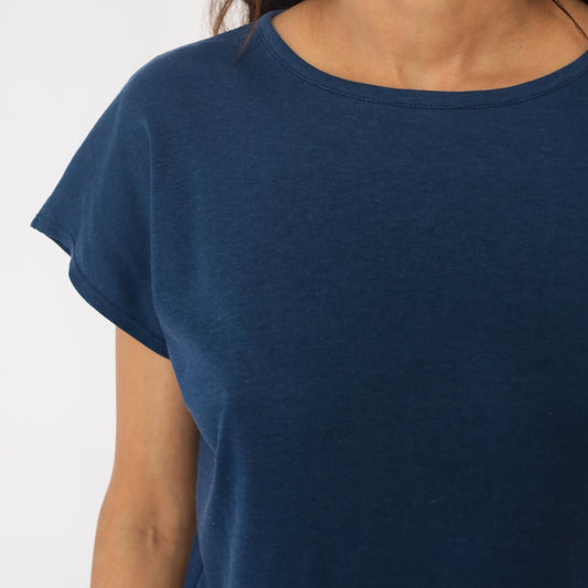 80s Navy Boat Neck T-Shirt Cotton Blend Short Sleeve Medium M