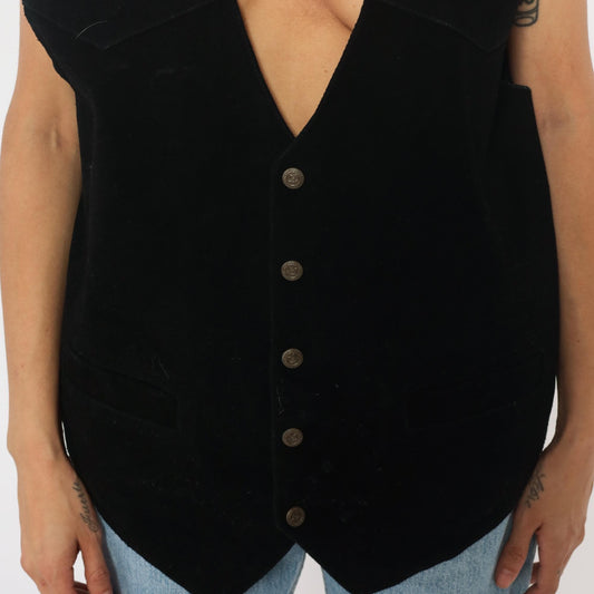90s Black Suede Leather Vest Tie Back V-Neck Waistcoat Men's Extra Large XL