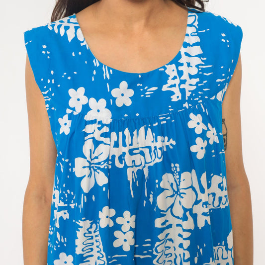 90s Hawaiian Tropical Floral Empire Waist Dress Blue Cotton Knee Length Medium