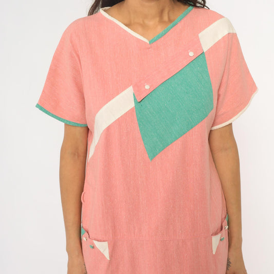 90s Colorblock Shift Dress Coral Pink Teal Geometric Pockets Knee Length Large L
