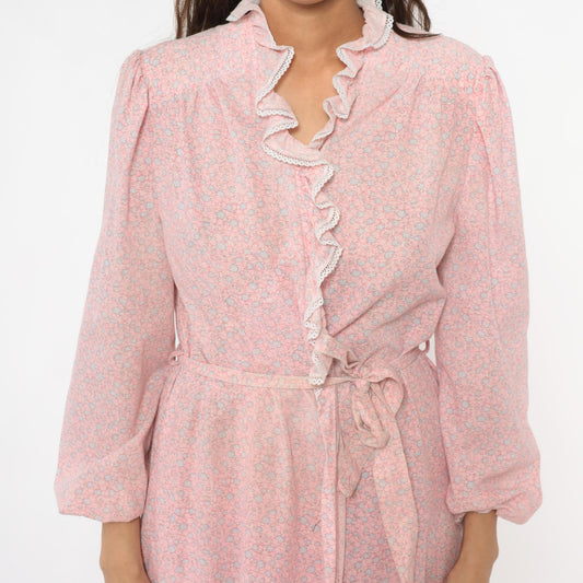 70s Pink Floral Wrap Robe Lace Trim Long Sleeve Nightgown Medium M