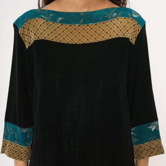 90s Vikki Vi Mini Dress Black Teal Floral Gold Colorblock Large L