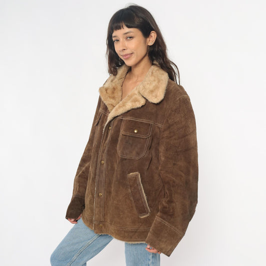 70s JC Penney Brown Suede Sherpa Jacket Western Rancher Coat Extra Large XL