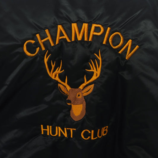 90s Black Satin Bomber Jacket Embroidered Champion Hunt Club Deer Large