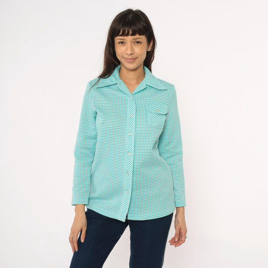 70s Turquoise Gingham Button-Front Shirt Chest Pocket Long Sleeve Small