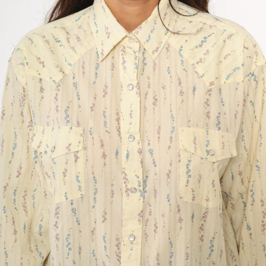 Y2K White Horse Western Shirt Pearl Snap Floral Stripe Cream Large L
