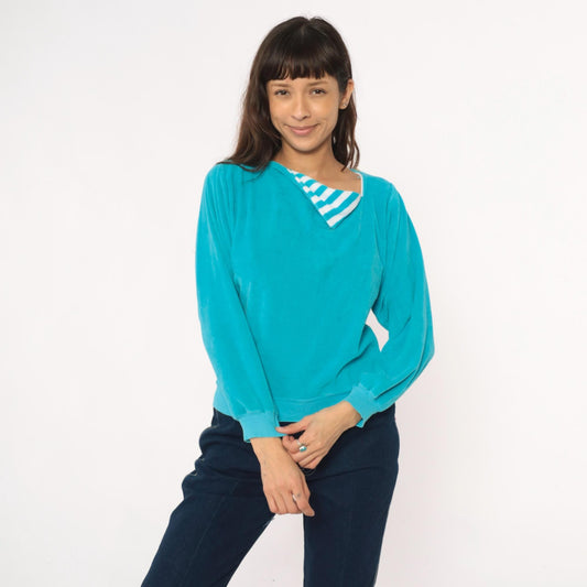 80s Terrycloth Sweatshirt Teal Asymmetrical Neck Striped Collar Pullover Small