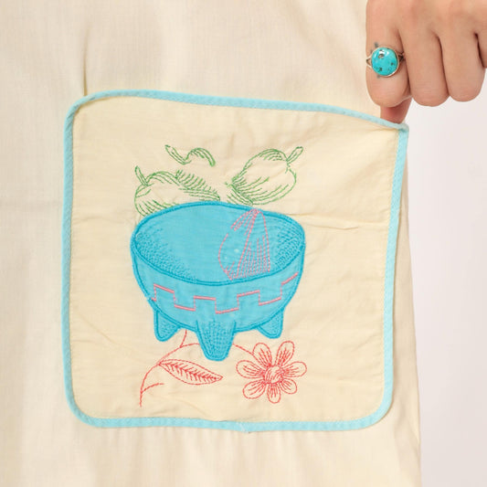 80s Yellow Cotton House Dress Para Mi Cocina Embroidered Molcajete Medium