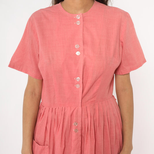 70s Coral Pink Cotton Day Dress Button Front Gathered Skirt Pockets Medium Large