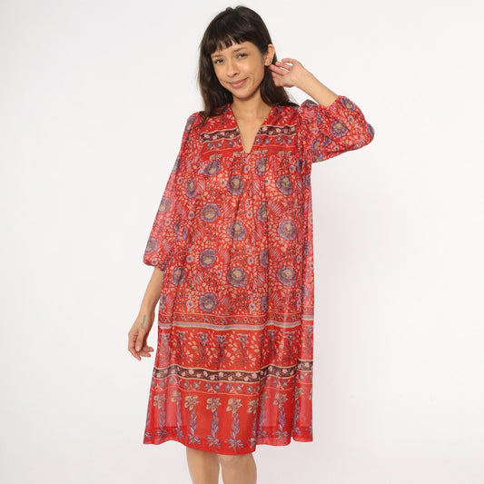 70s Floral Shift Dress Red Coral V-Neck Knee Length Three-Quarter Sleeve Medium Large