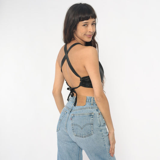 80s Black Leather Halter Crop Top Tie Back V-Neck Small Medium