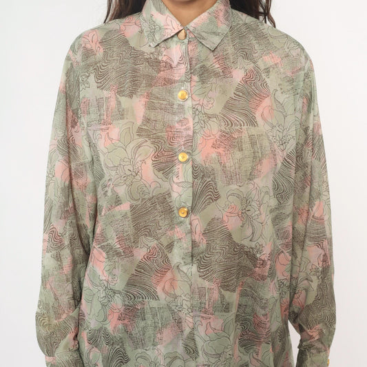 70s Abstract Floral Tunic Shirt Sage Pink Cream Button Front Medium