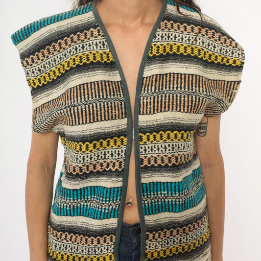 70s Mexican Serape Woven Vest Multicolor Striped Southwest Cap Sleeve Small
