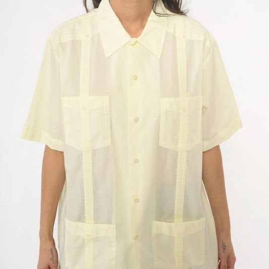 80s Pale Yellow Guayabera Shirt Pintuck Pleated Cotton Cream Collar Extra Large XL