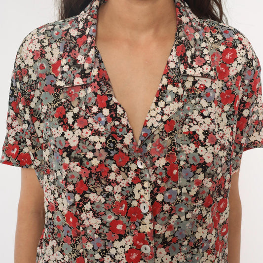 90s Zenobia Floral Button-Up Blouse Short Sleeve Black Cream Plus Size XXL