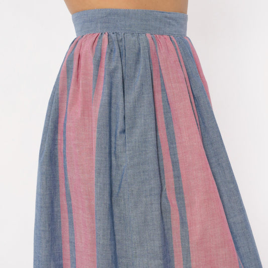 80s Blue Pink Striped Midi Skirt High Waist Gathered Full Skirt Small S