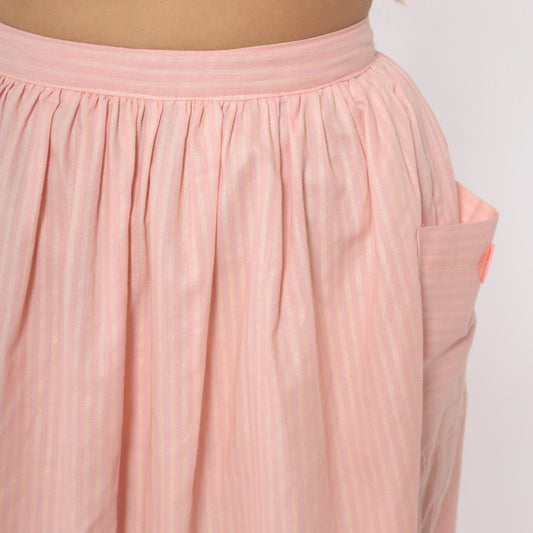 60s Pink Striped Cotton Skirt High Waist Pleated Knee Length Extra Small XS